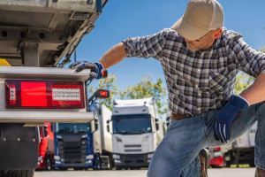semitrucks-mechanic-inspecting-trucks-tail-light-commercial-vehicle-yard-daytime
